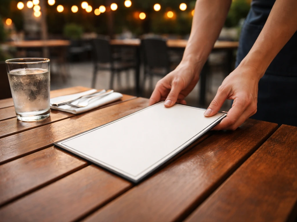 Waiter’s hands placing a clean menu on a tidy patio table as diners chat softly in a quiet drafthouse.