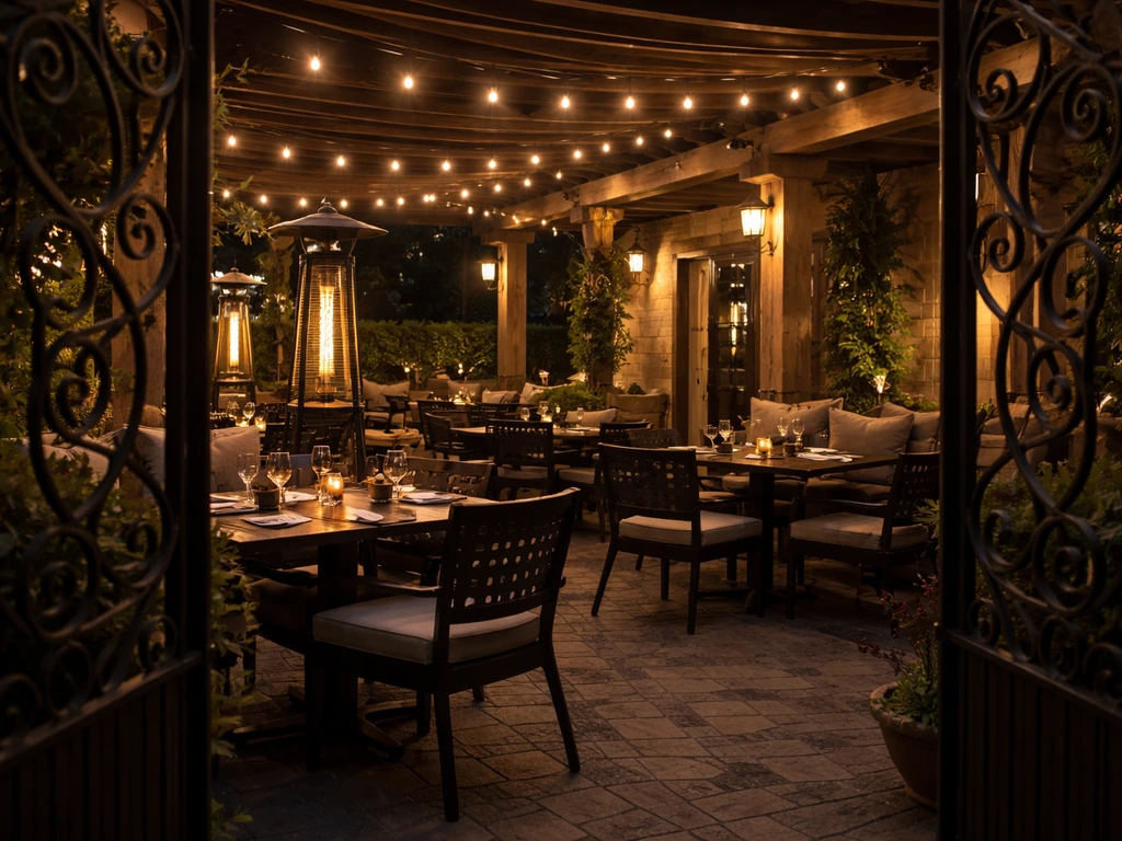 Inviting covered patio dining area with wrought-iron gates in Chino, warm lights and cozy seating.