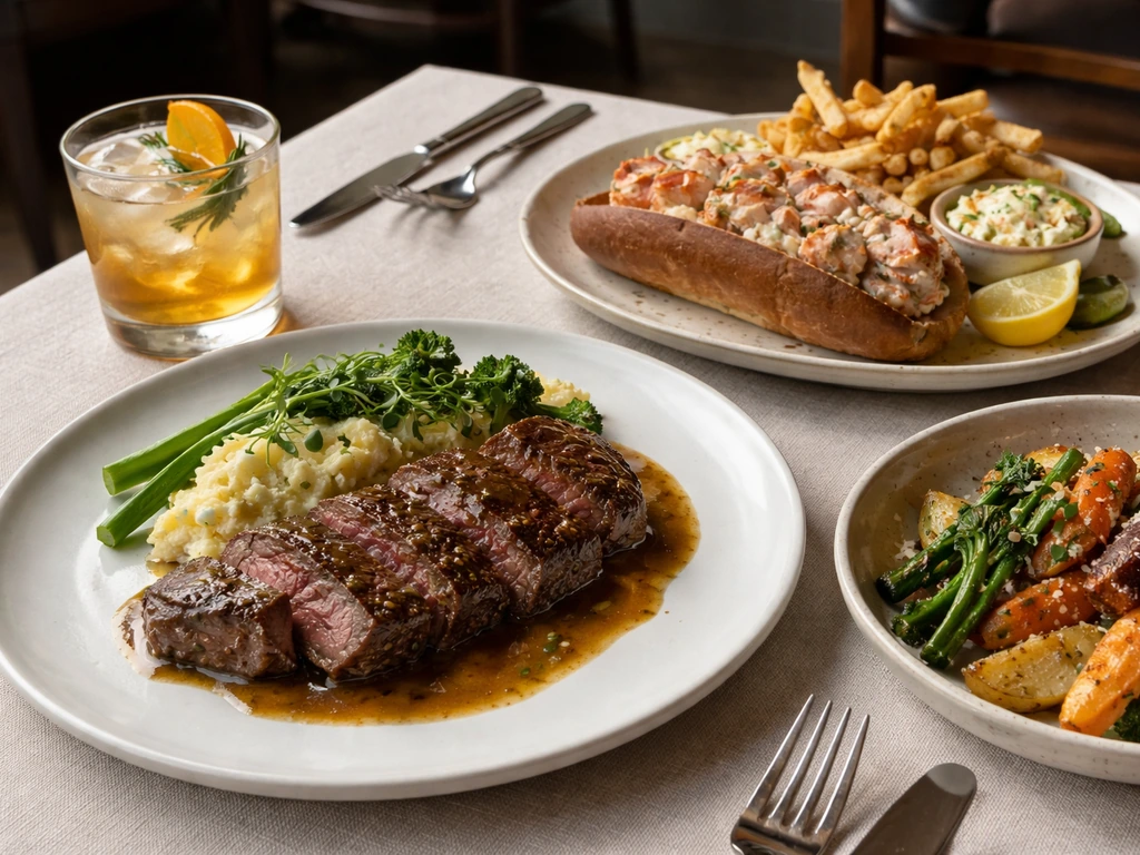Upscale bistro plates and a standout cocktail on a linen-covered table, softly lit dining room background.