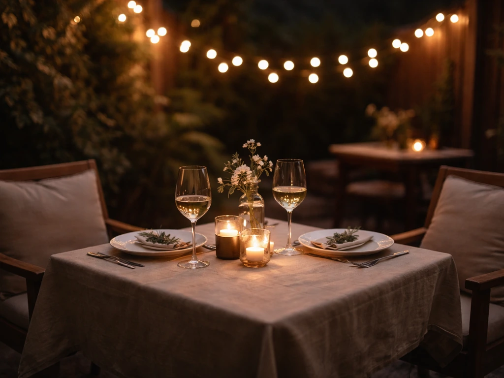 Quieter romantic patio dinner setup for two with warm lighting and cozy seating.