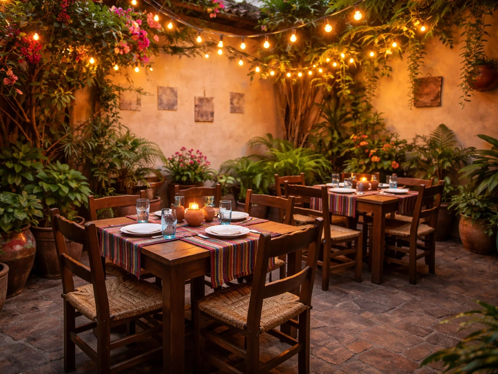 Outdoor Colombian restaurant patio with warm string lights, colorful decor, and set dining tables.