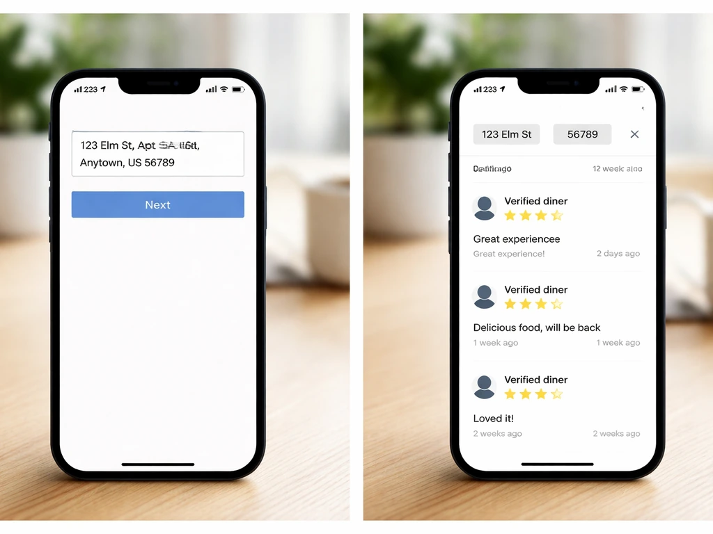 Phone mockup showing a simple review filter flow from a restaurant address to matching reviews.