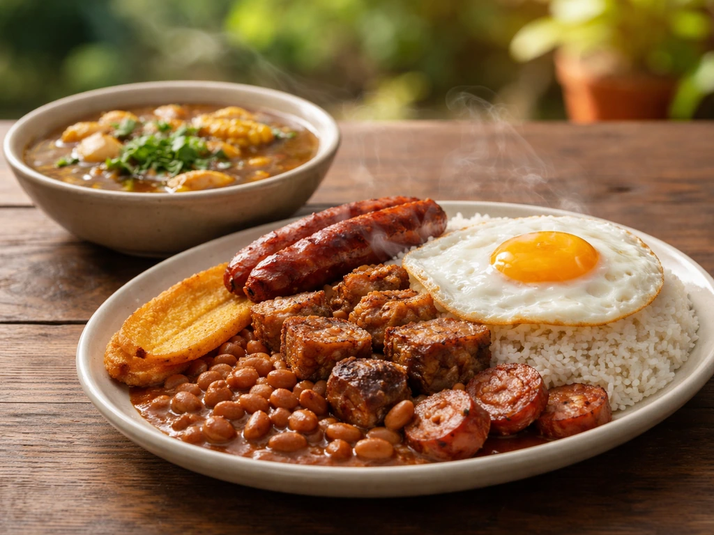Close-up of a bandeja paisa-style plate and a steaming Colombian stew in rustic patio dining setting