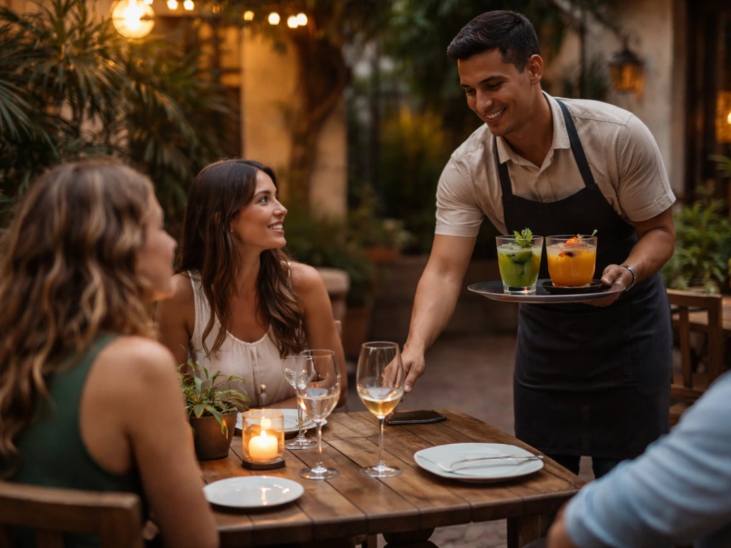 Outdoor patio dining where an anonymous server delivers drinks to a table as diners chat and wait.