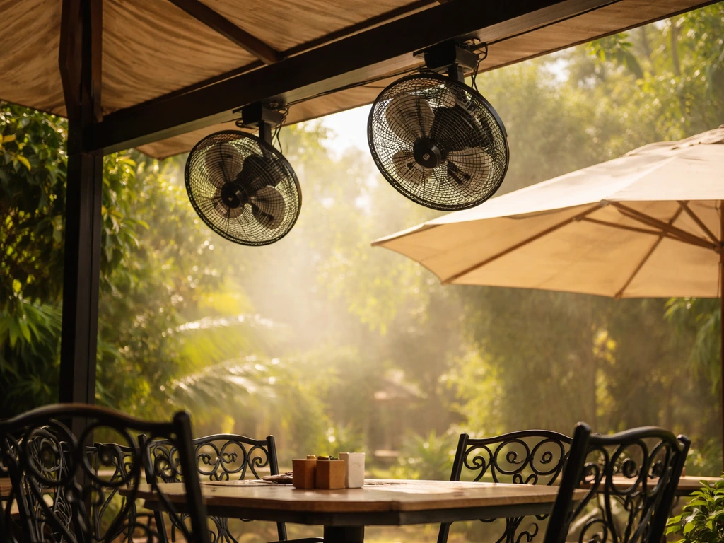 Close-up of patio fans and umbrellas in bright humid sun, showing heat and shade for a restaurant patio