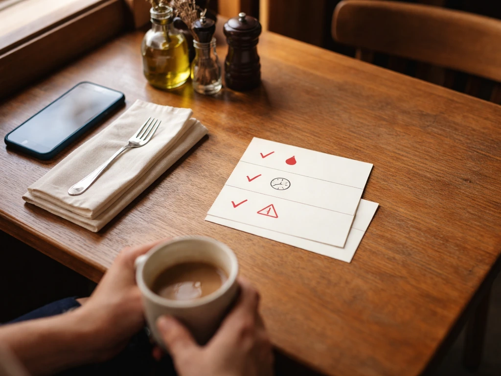 Minimal restaurant table with a phone and a few icon-style red-flag checklist cards for diner decisions.