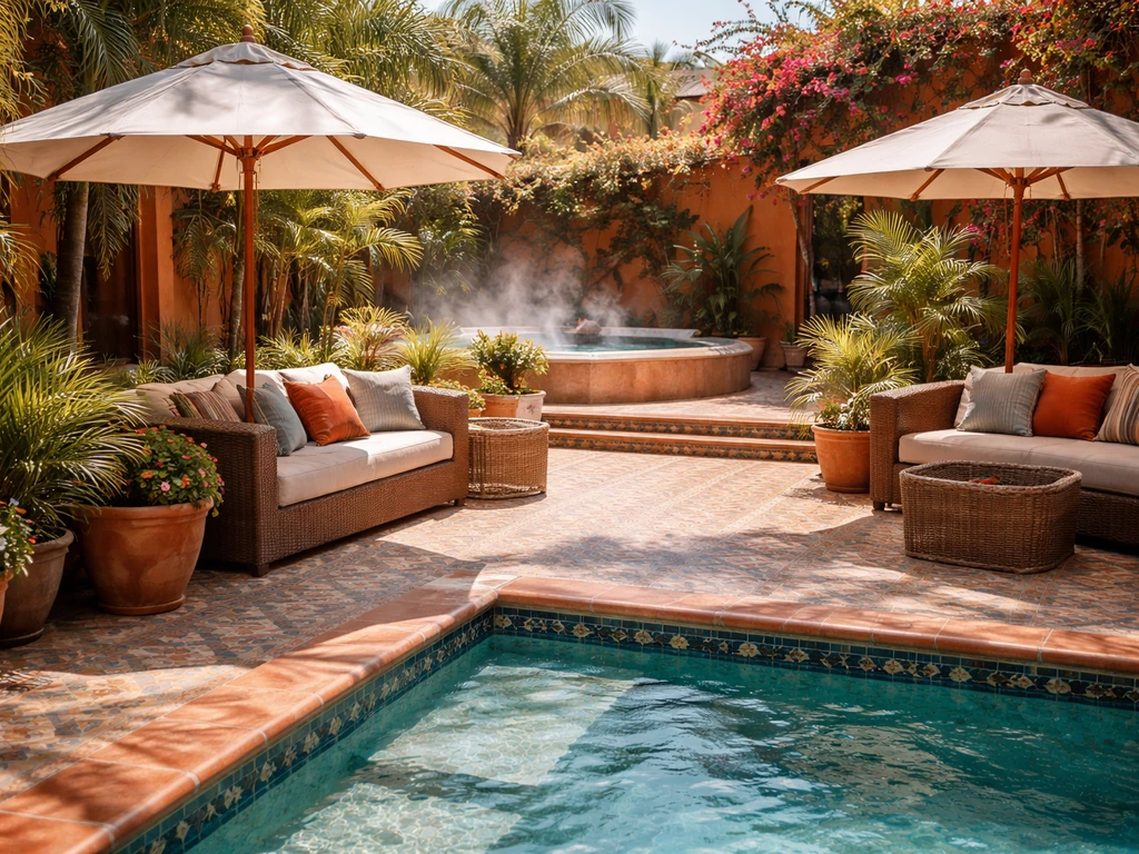 Sunlit tiled courtyard patio with pool, lounge seating, umbrellas, and a hint of hot tub ambiance.