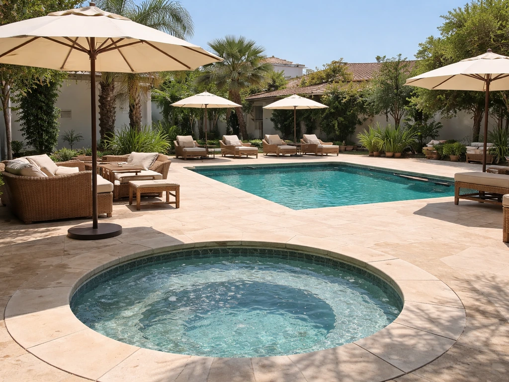 Wide view of a tranquil hotel courtyard with lounge chairs, umbrellas, and a pool with hot tub