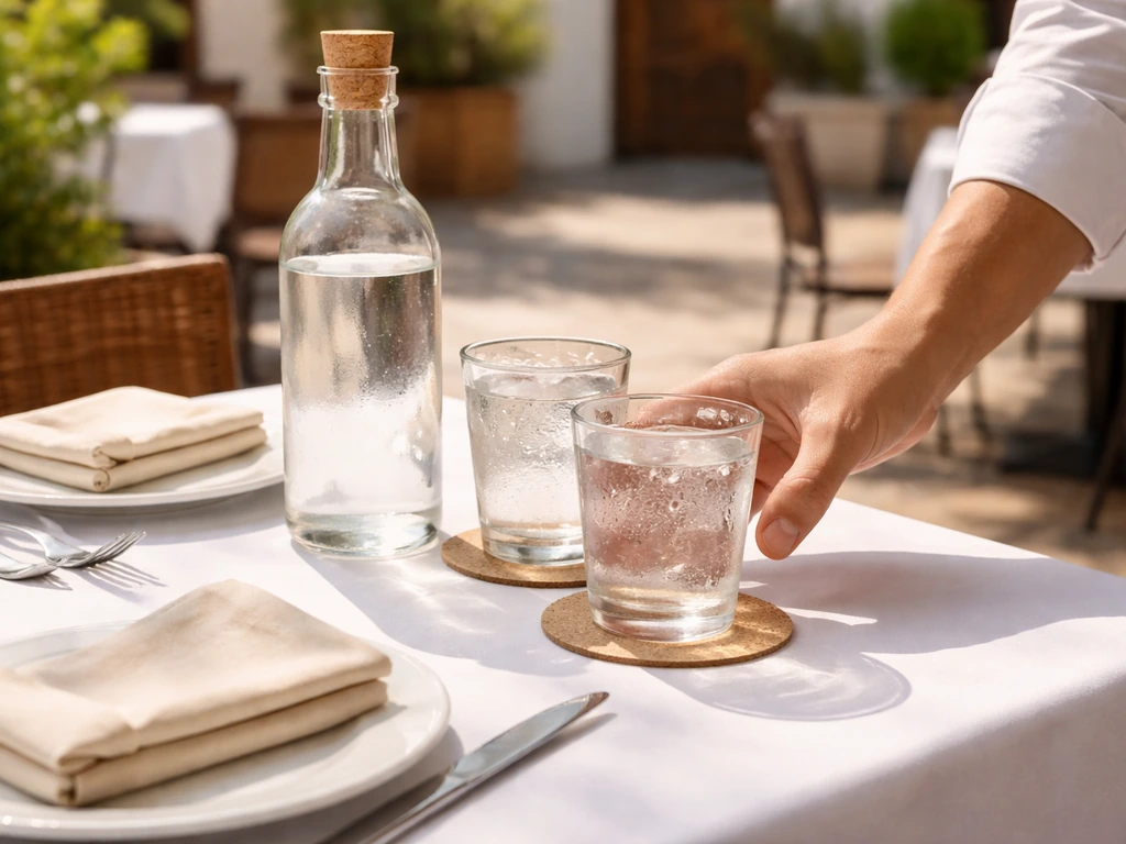 Clean, well-set courtyard dining table with fresh drinks and attentive service elements in natural light.