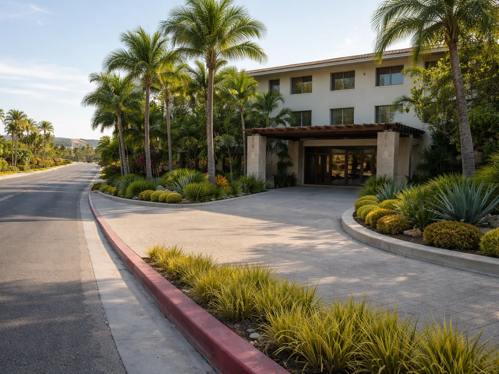 Minimal street view of a hotel entrance in El Tezal near a main road, no people.