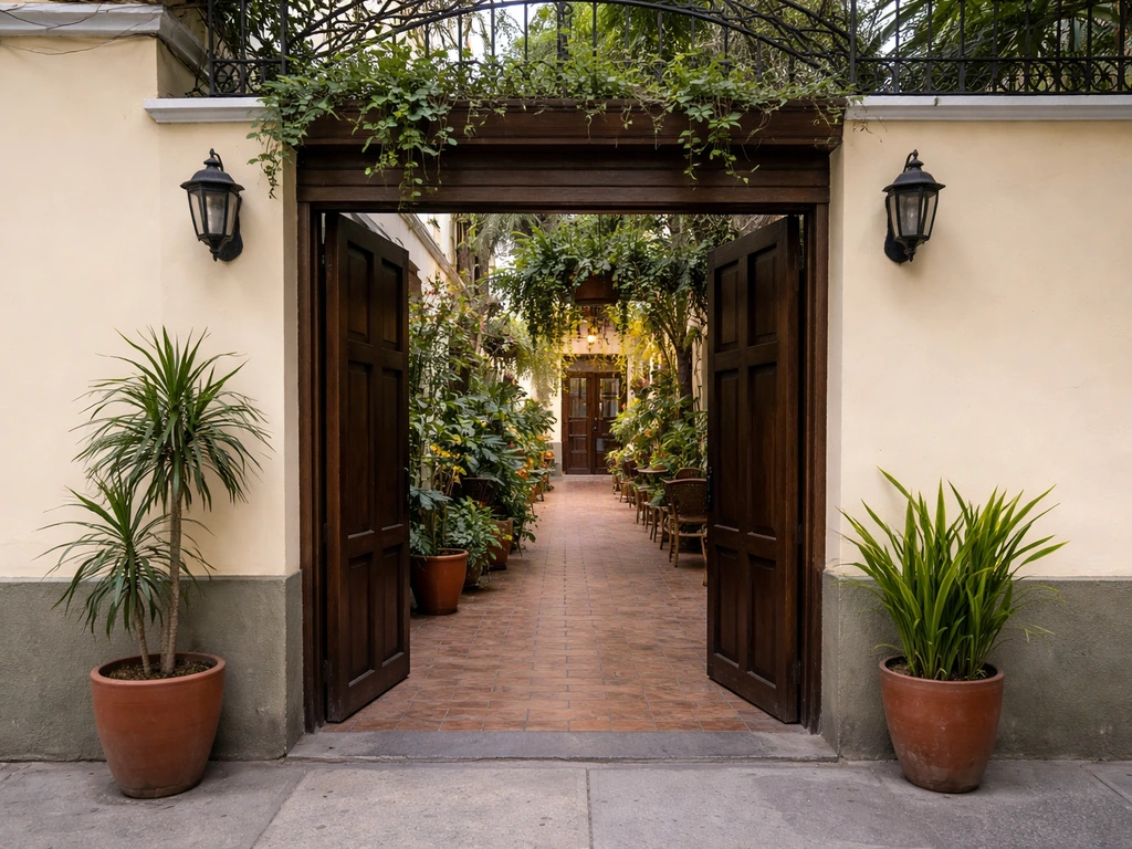 Exterior entry of Hostal El Patio in Miraflores, with a clear view into the patio courtyard.