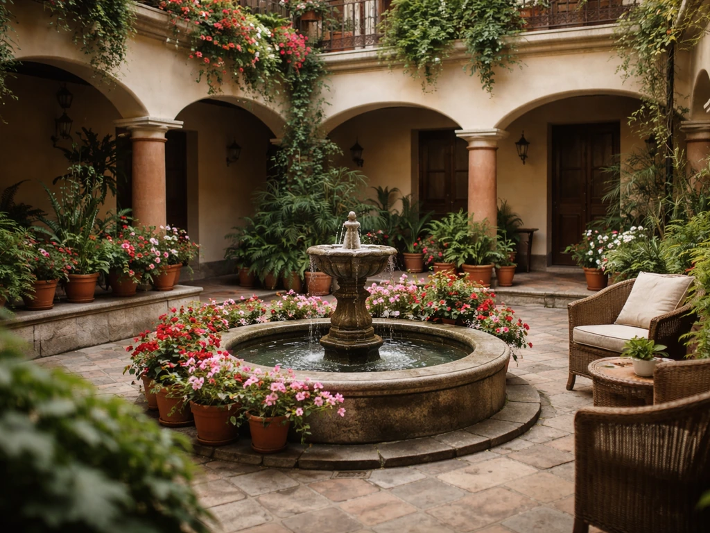 Sunlit colonial courtyard patio with a small fountain and flowering terraces around it.