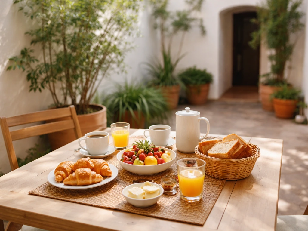 Sunlit hostal courtyard breakfast table with pastries, fruit, and coffee cups on a wooden patio table.