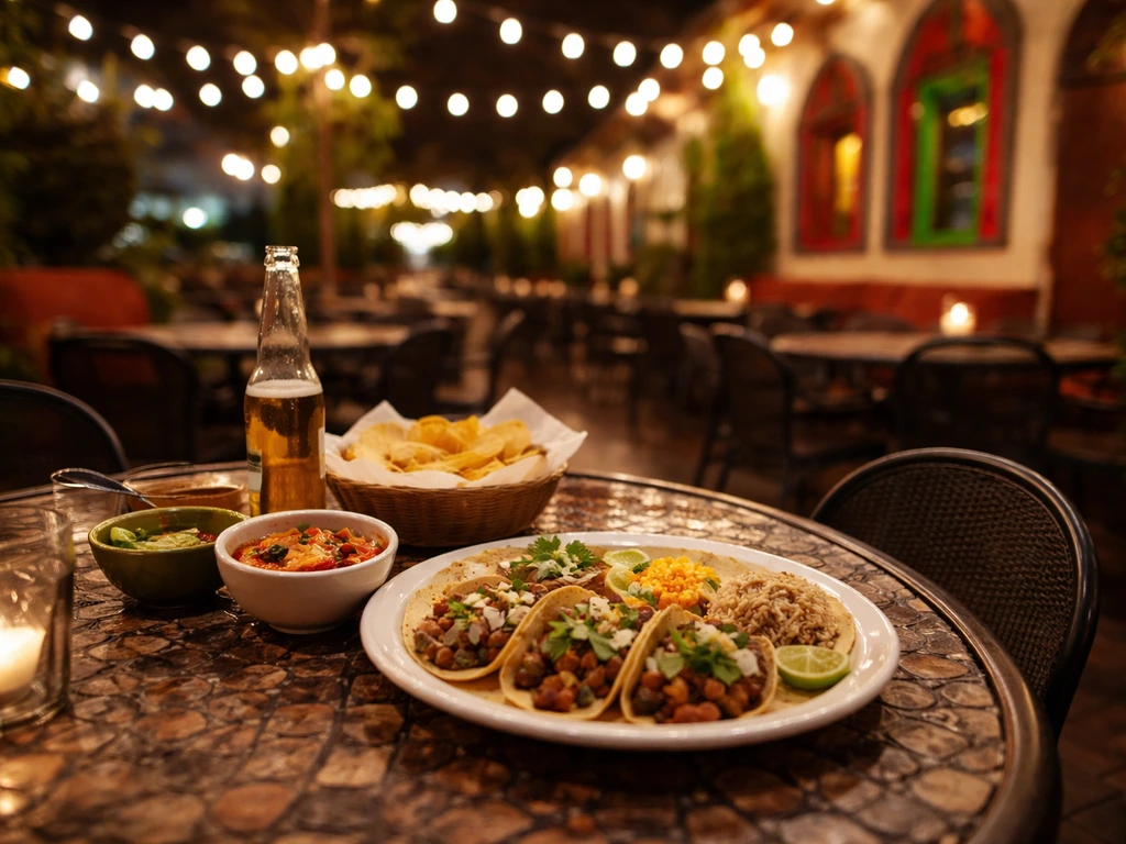 Warm-lit Mexican patio dining at night with colorful decor, outdoor tables, and plates of food