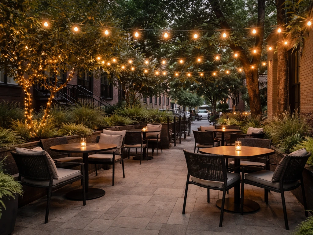 Warmly lit outdoor patio with neatly arranged tables, string lights, and empty seating.
