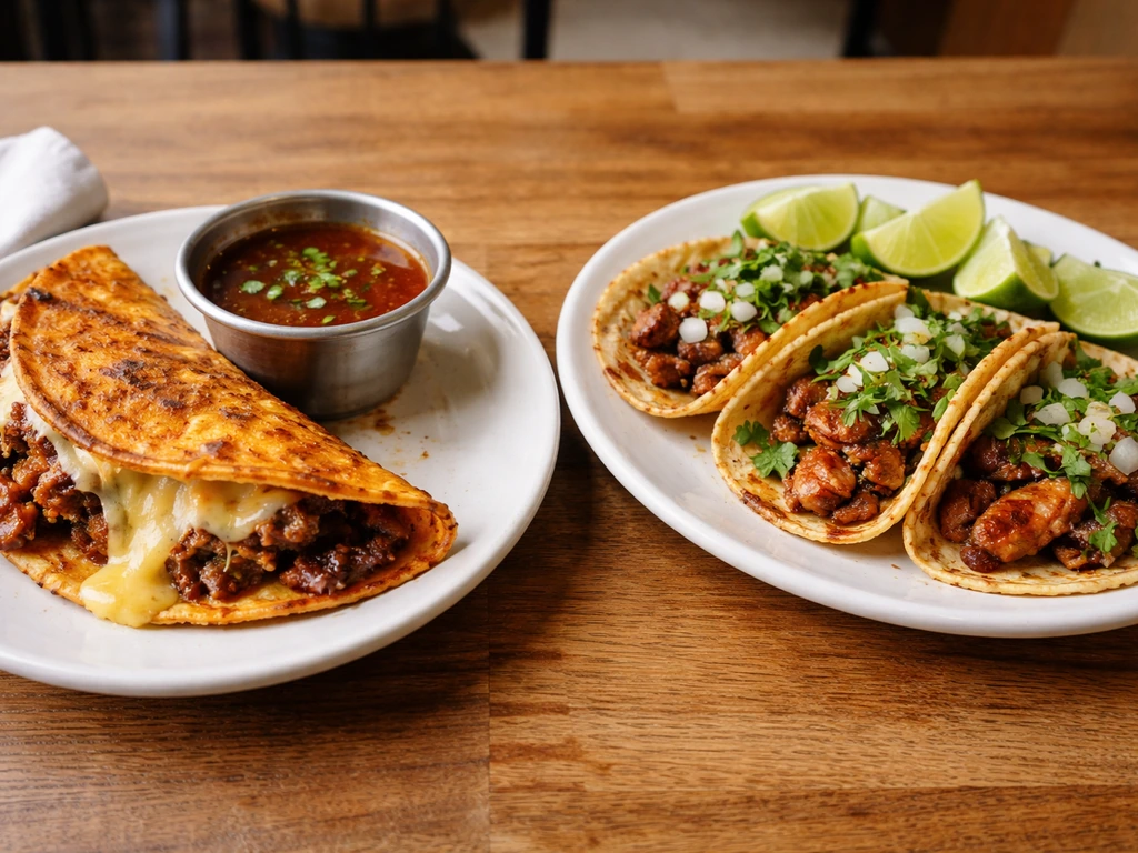 Plates of Mexican street food—quesabirria and street tacos—on a simple restaurant table