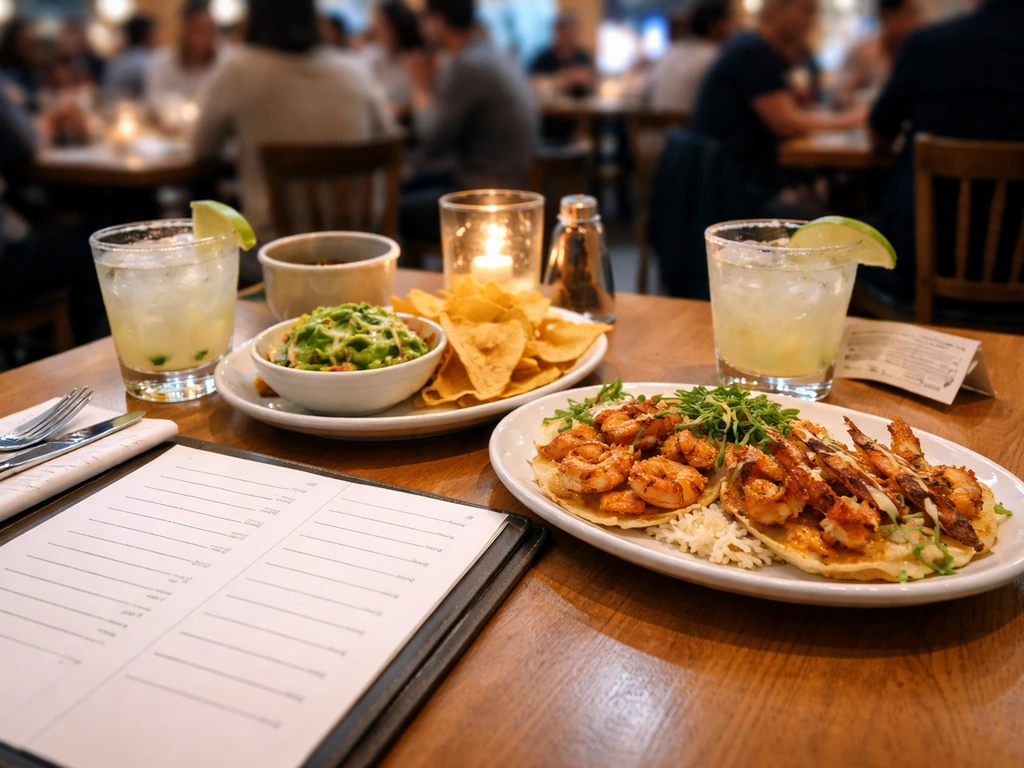 Restaurant table with margarita-style drinks and food, open menu showing non-readable pricing cues in a busy dining room