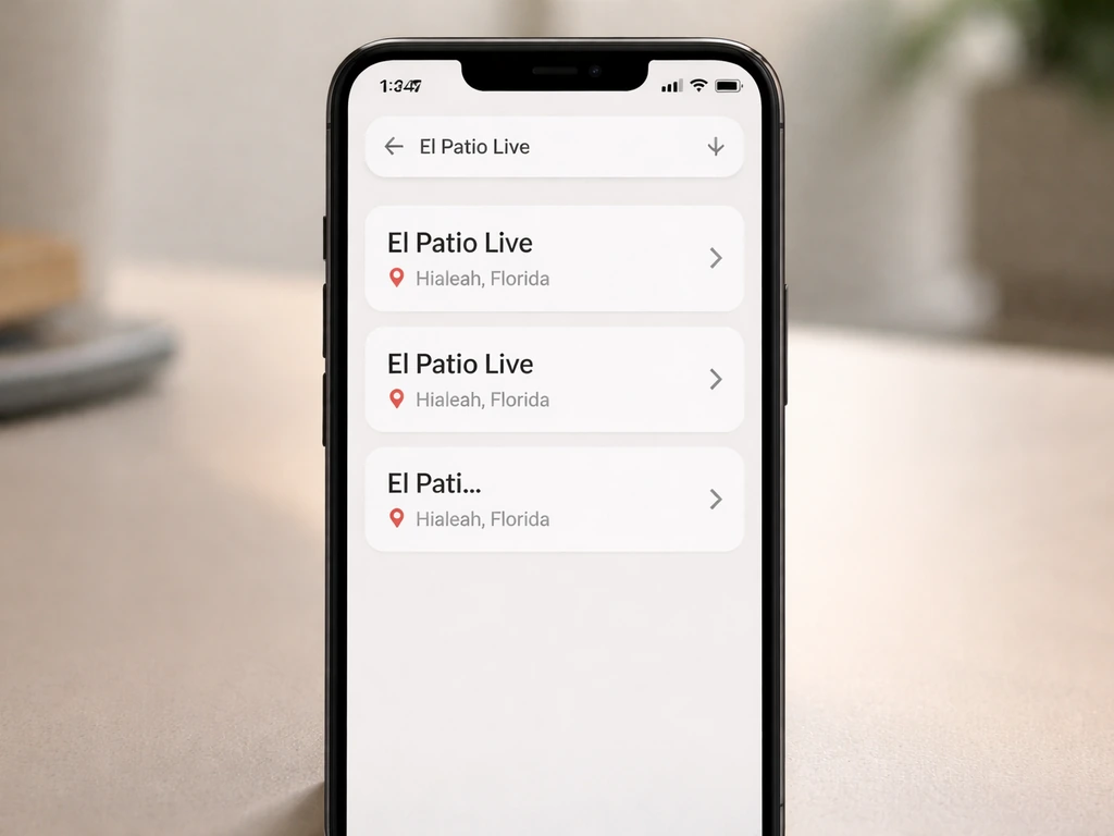 Minimal screenshot-style view of search results showing “El Patio Live” with a Hialeah, Florida location pin