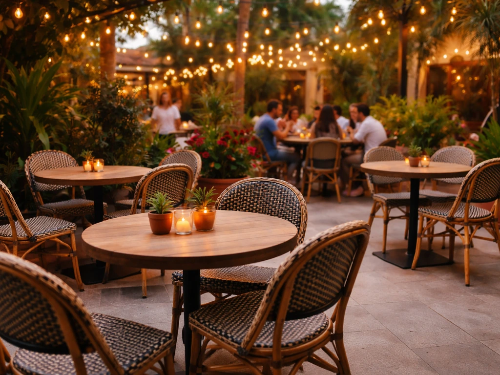 Energetic outdoor patio seating area with tables and chairs in El Patio Live, Hialeah, Florida