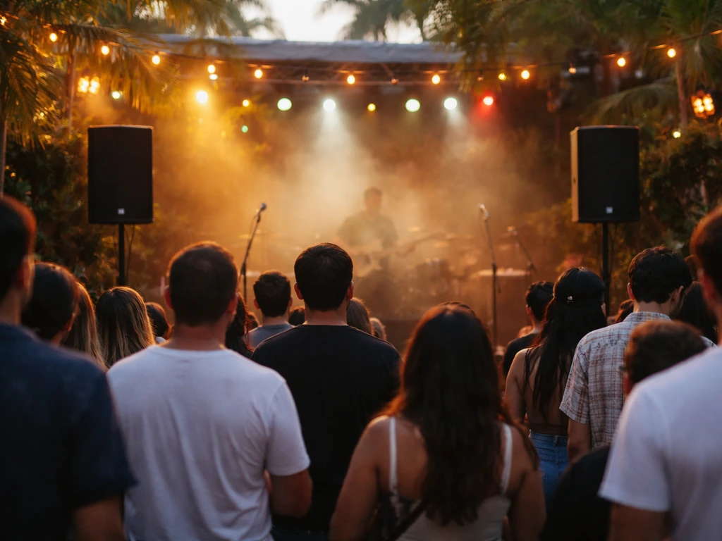 Outdoor live music at El Patio Live with stage speakers and a small crowd watching.