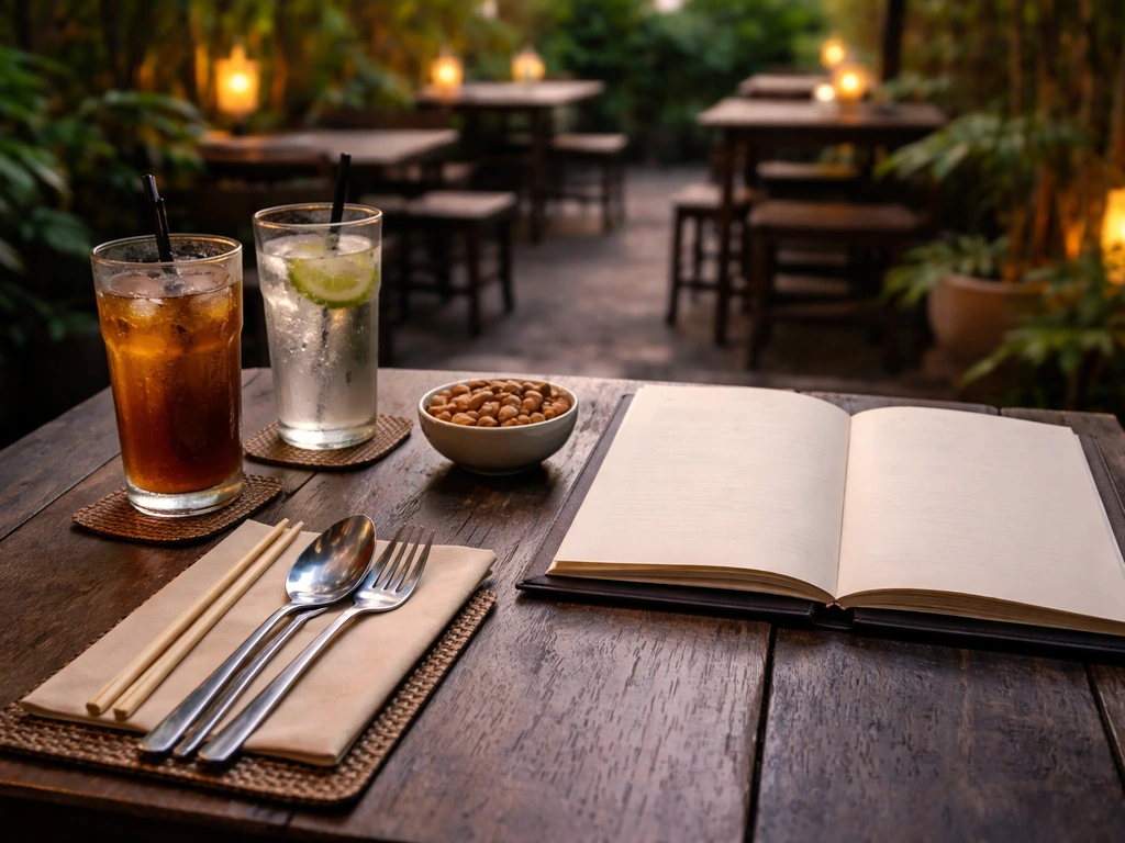 Outdoor Thai patio dining table with empty plates, drinks, and a menu on a small table.