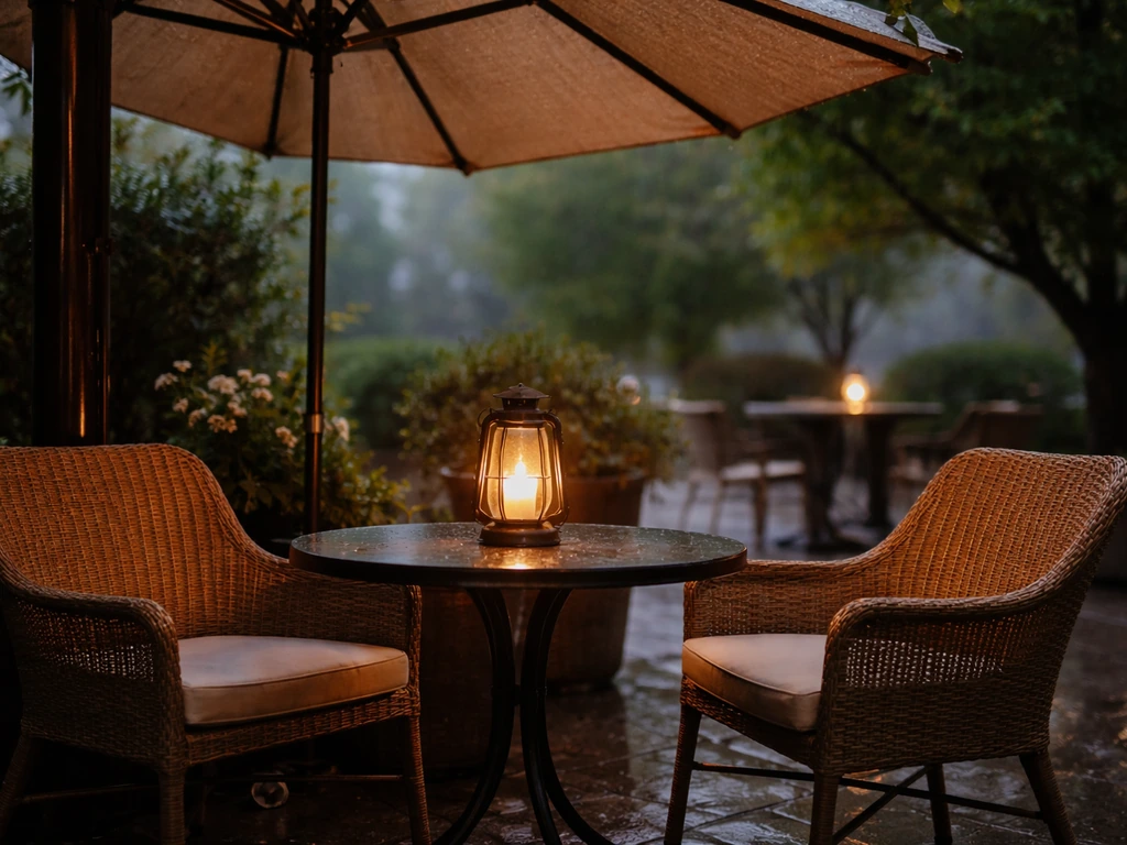 Close-up of patio bistro seating with lanterns and an umbrella shading for cool, damp weather comfort.