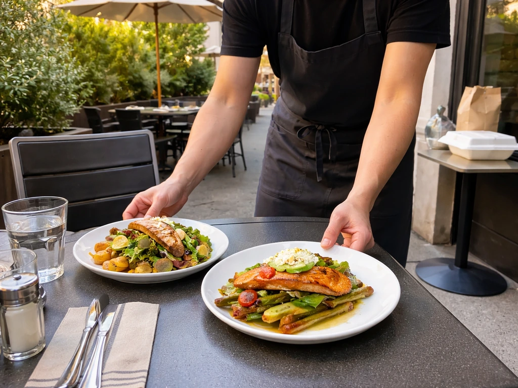 Server places plated meals on an outdoor patio table, ready for fast, friendly service.