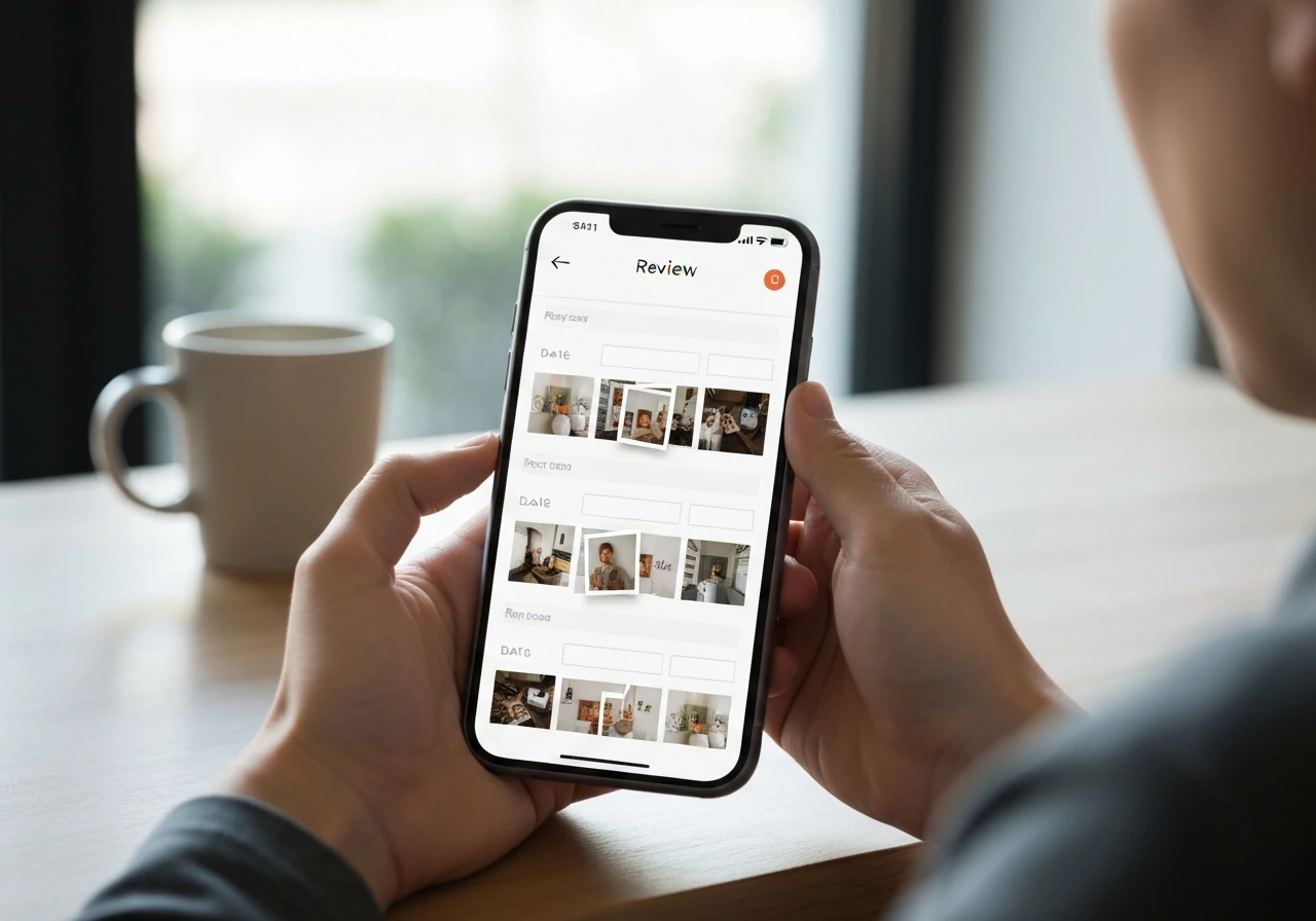 Hands holding a phone showing an unbranded review-style page with photo attachments and dates