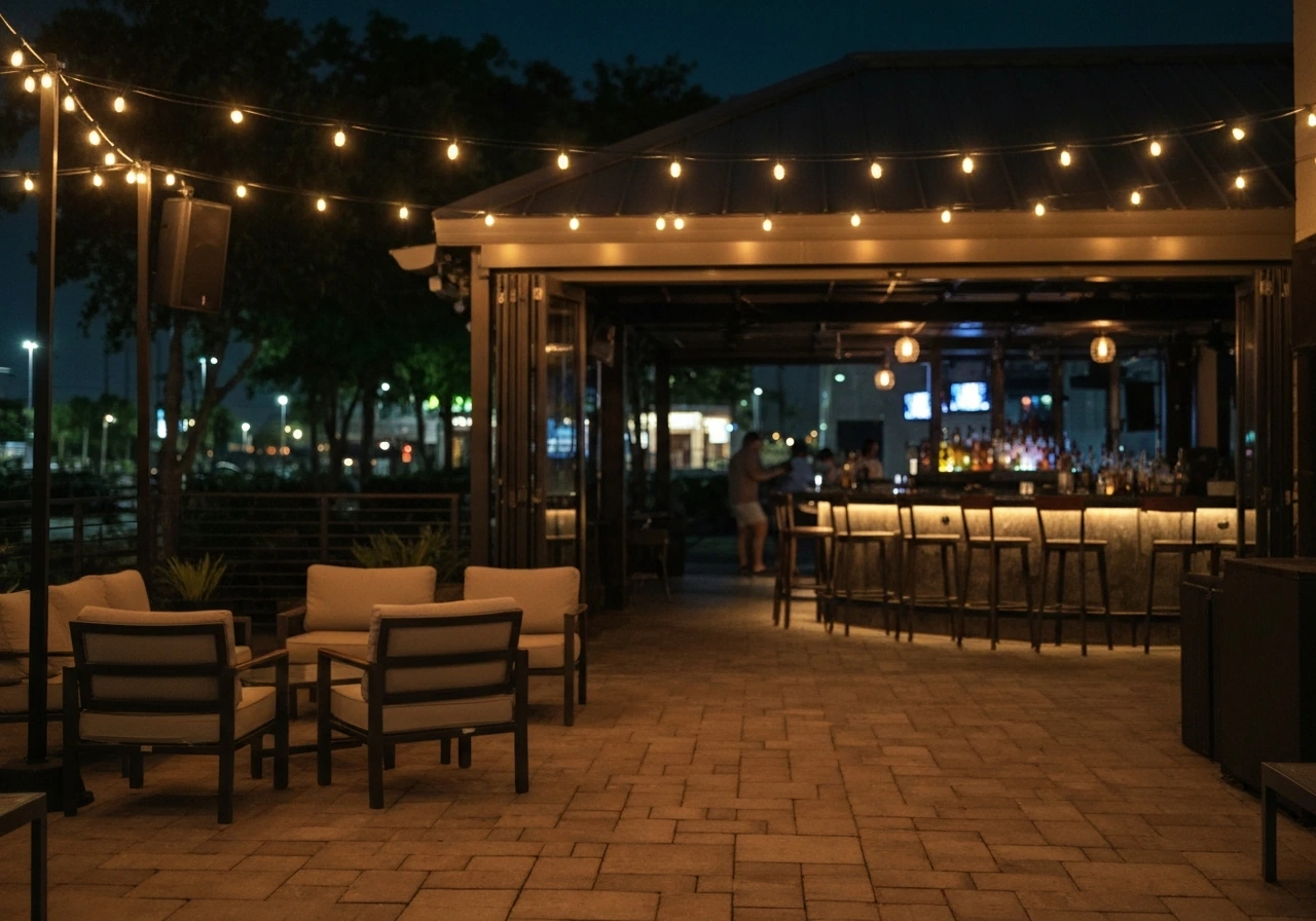Warm-lit downtown nightclub patio with lounge seating facing an open-air bar, calm night ambiance