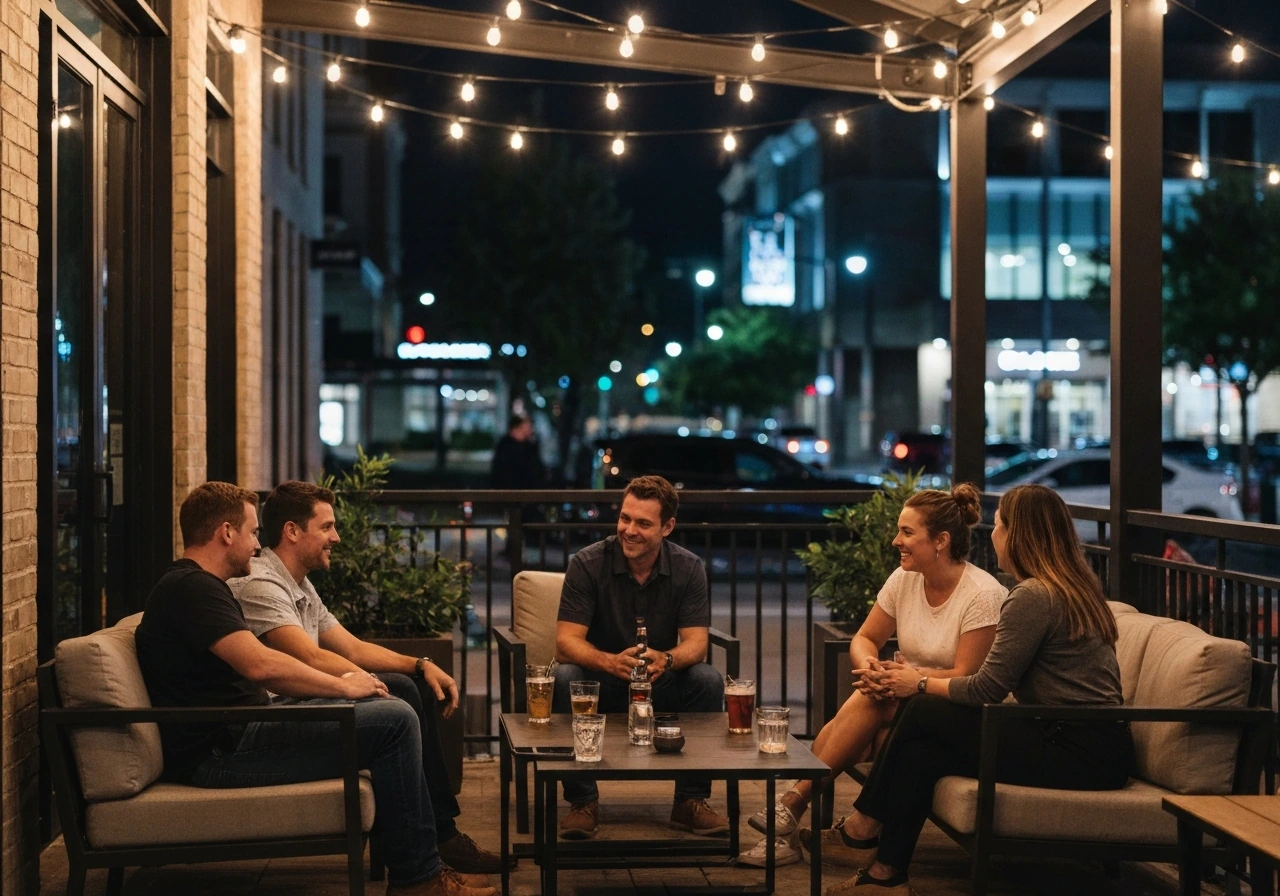 Outdoor downtown patio at night with a small group laughing and enjoying drinks under warm lights