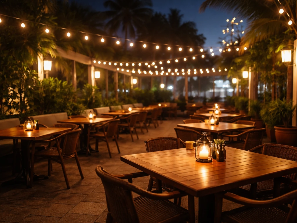 Patio de restaurante al aire libre en Miami de noche, con mesas iluminadas y ambiente social.