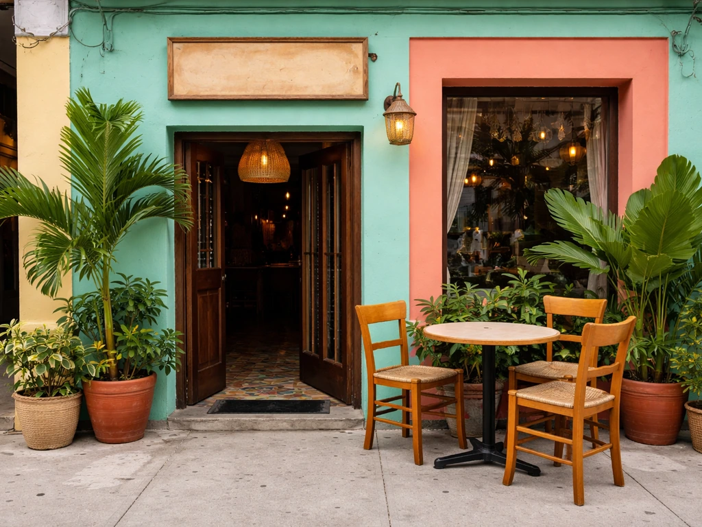 Entrada de un restaurante cubano con letrero y ambiente cálido en Miami