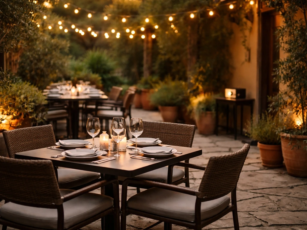 Outdoor restaurant patio with neatly set tables, warm evening ambiance, and subtle music atmosphere