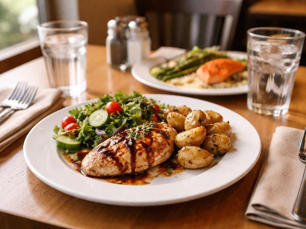 Simple restaurant table with two plated meals showing sides included, implying good value and friendly service.