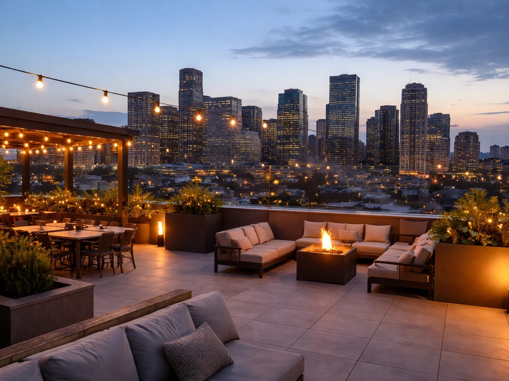 Elevated rooftop patio overlooking the Denver skyline at dusk with a clear best-view perspective
