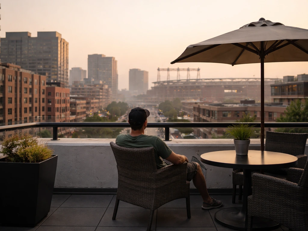 Rooftop patio overlooking downtown Denver, with a seated diner watching the skyline toward Coors Field.