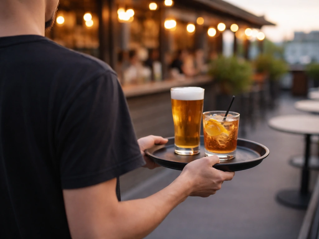 Anonymous server carrying drinks near a warm bar/rooftop area in a busy service moment