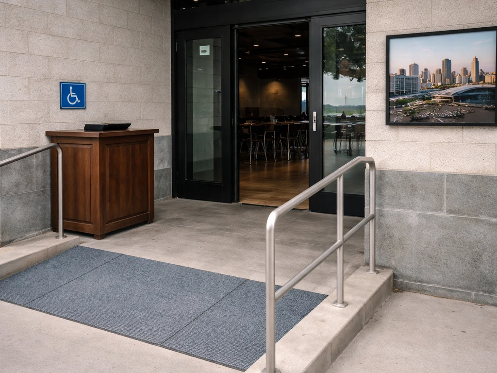 Accessible venue entrance with host stand, seating area beyond, and a separate framed view of a nearby rooftop alternati