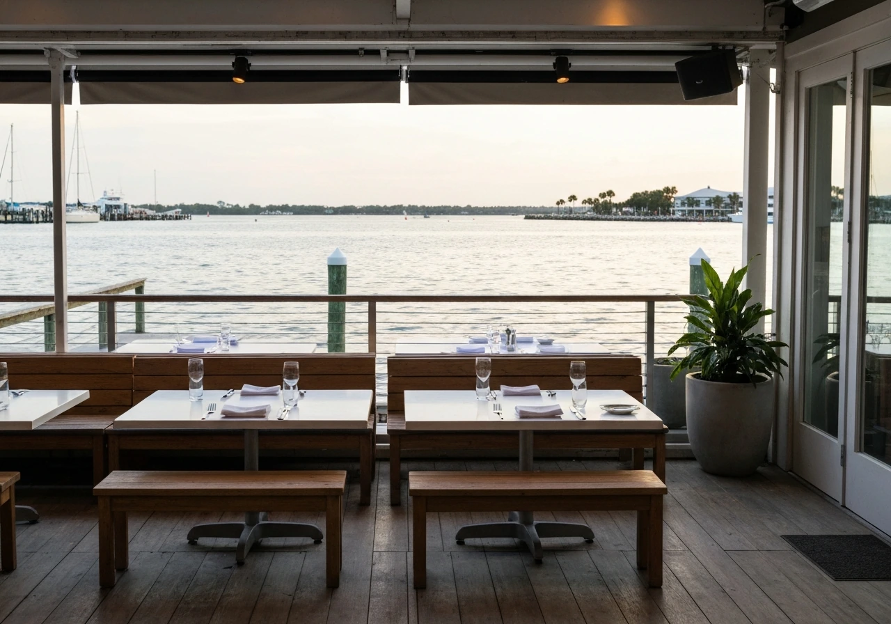 Wide exterior of Patio 44 Gulfport’s harbor-view patio with relaxed seating and Gulfport Harbor in the background.