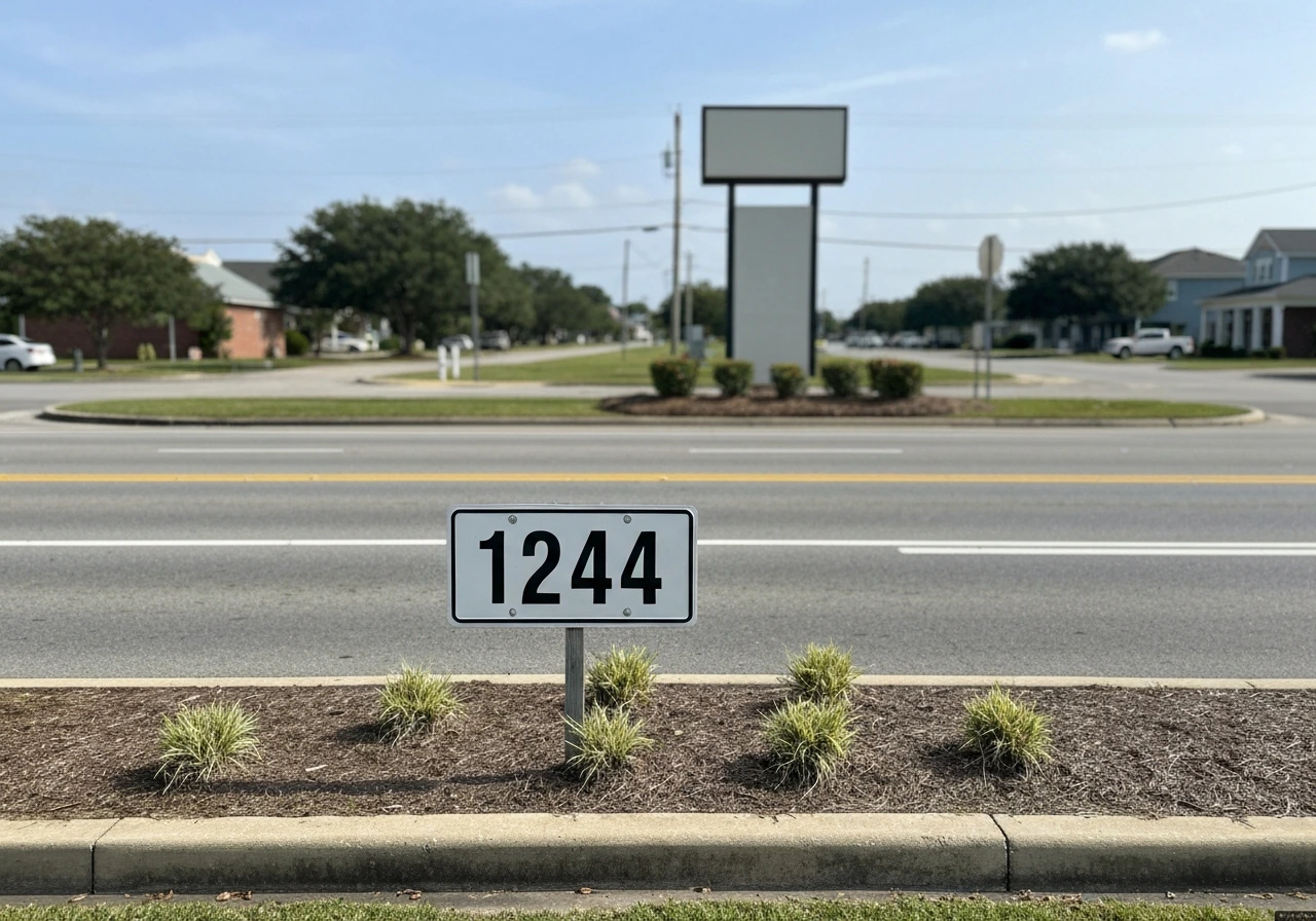 Street-level view of an address plate near a business storefront, indicating 1244 Gulfport.