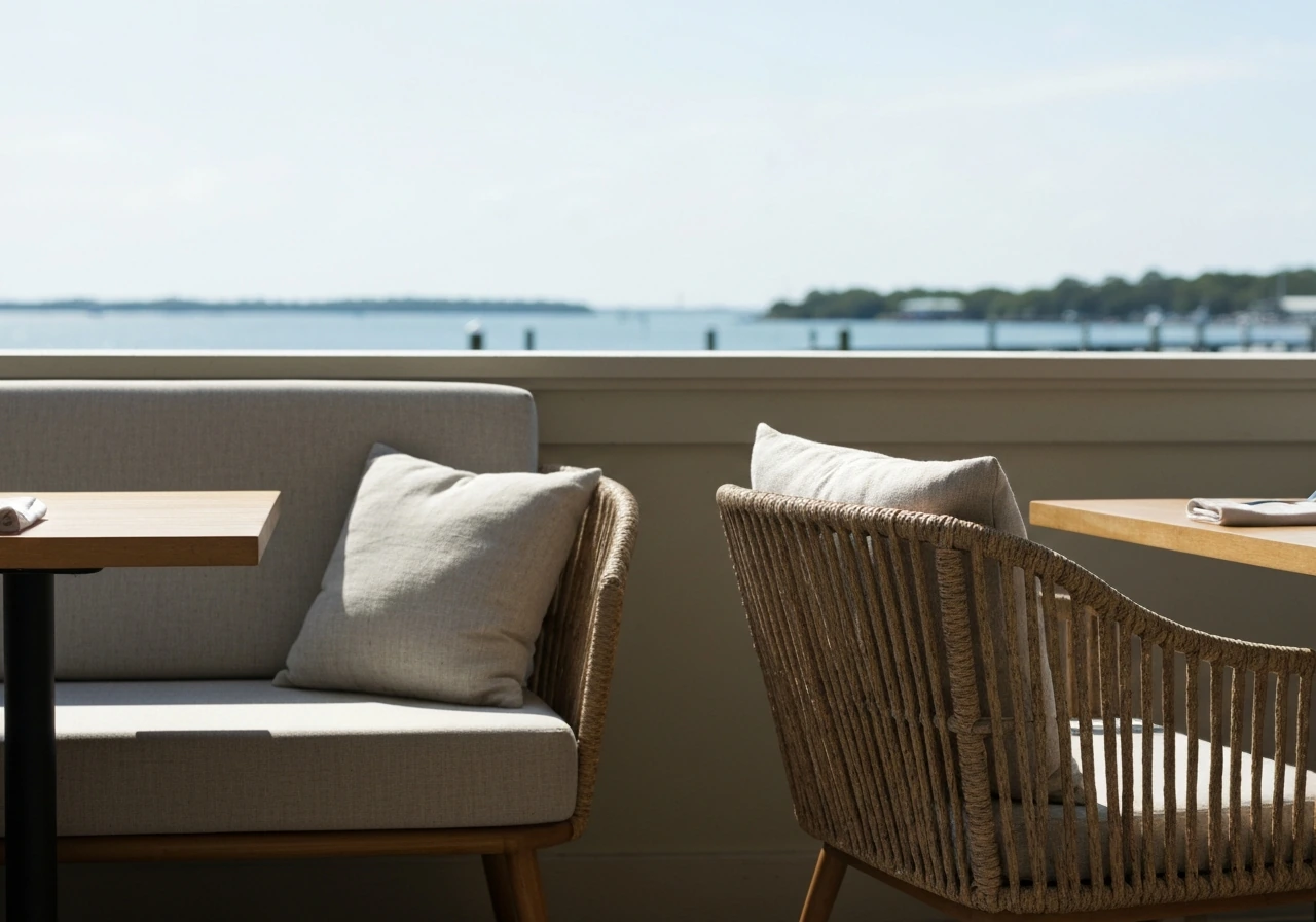Close-up of patio seating with cushioned chair and a blurred Gulfport Harbor/Jones Park view beyond