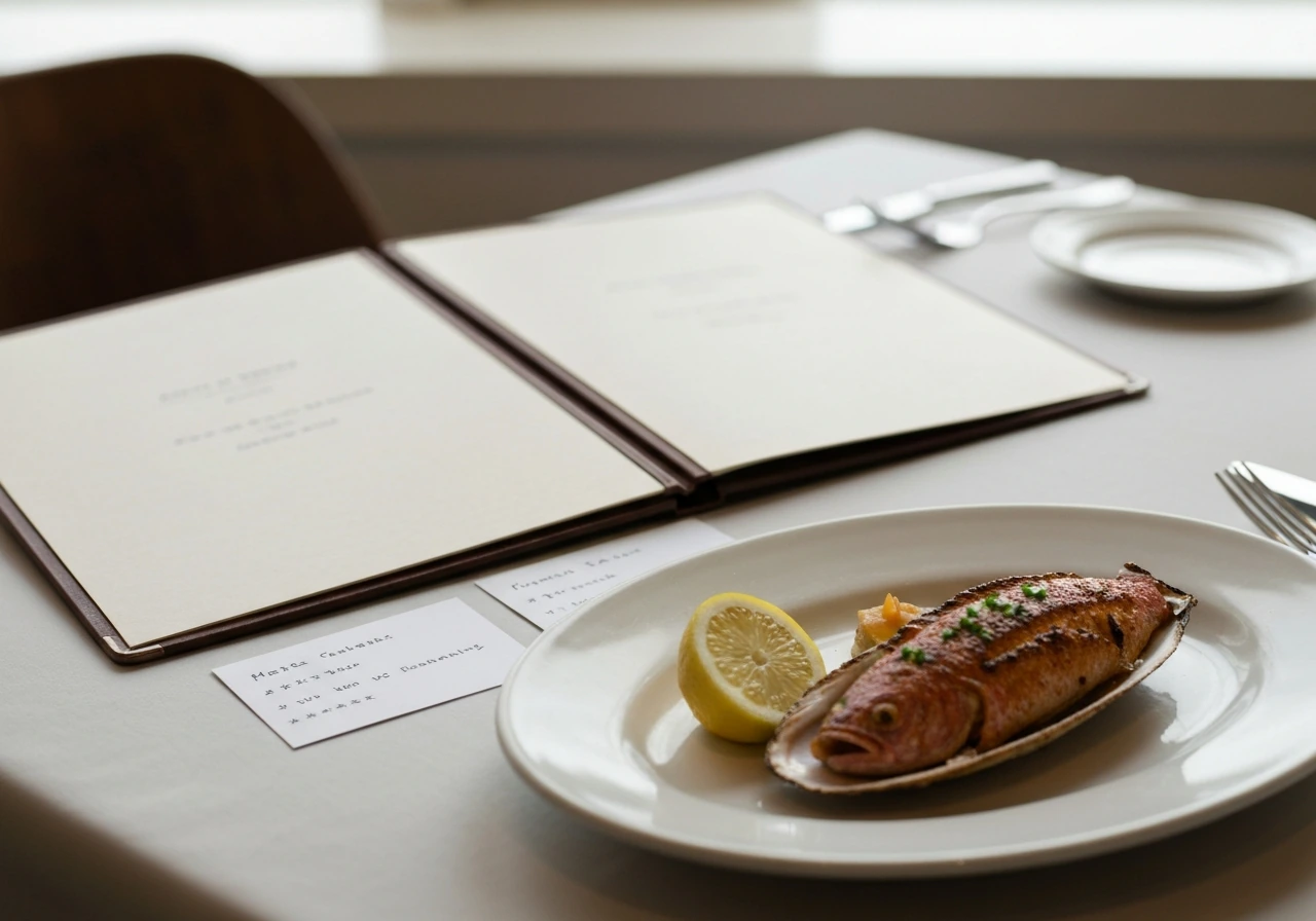 Blackened redfish on half shell on a restaurant table beside blurred menu cards suggesting price and reviews