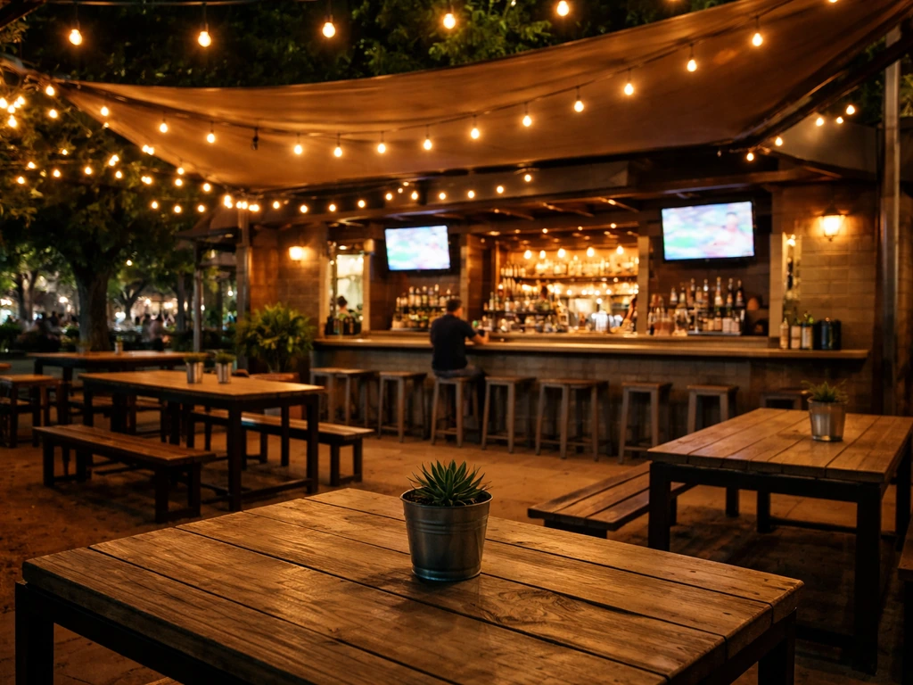Warm-lit outdoor patio bar with high-top seating, string lights, and a blurred TV in the background.