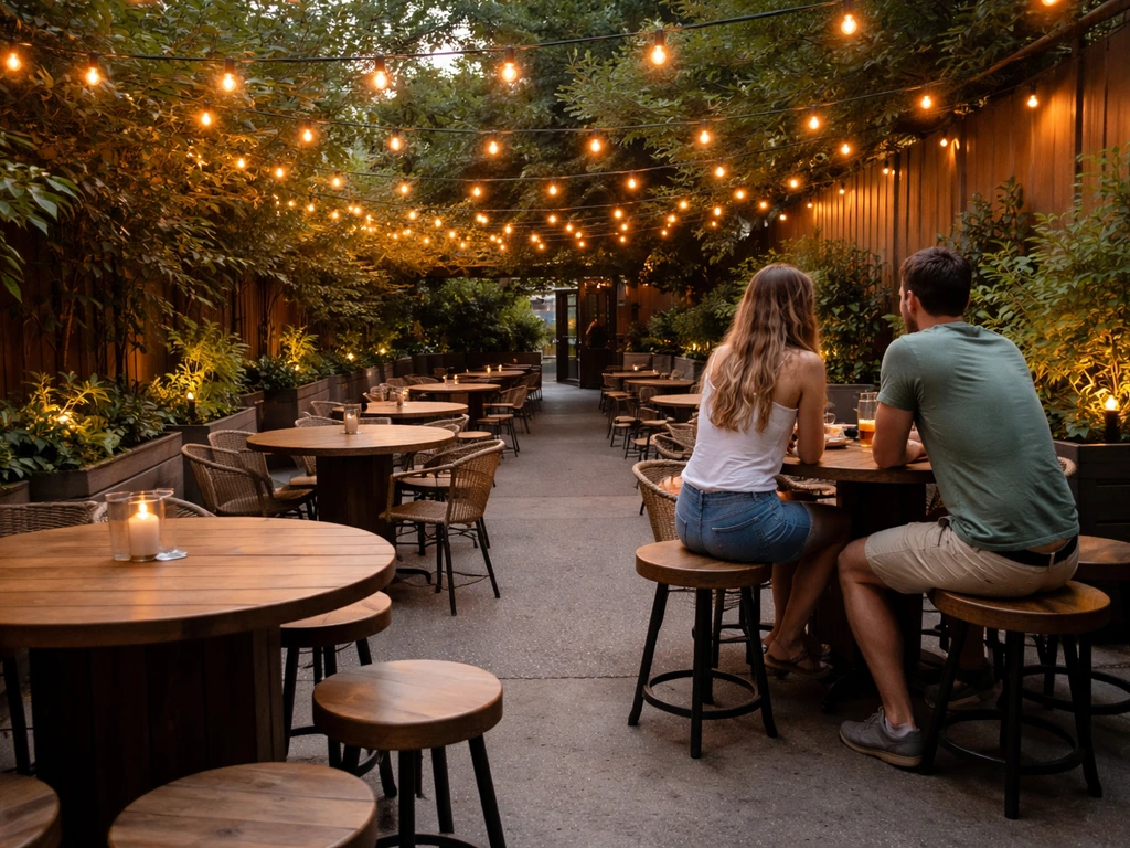 Beer-garden-style patio with small group tables, bench seating, and string lights in an open outdoor space.