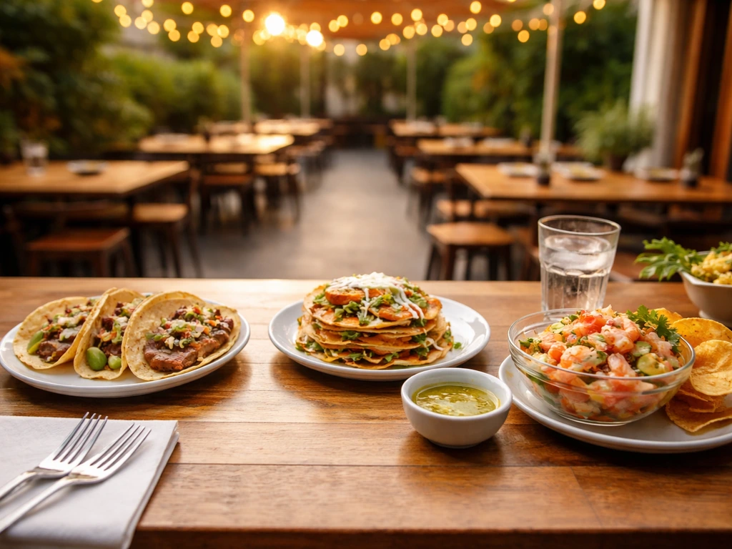 Patio bar setup with tacos, tostadas, and shrimp ceviche arranged for bar-style ordering
