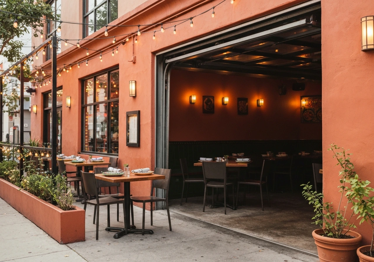 Inviting Mexican restaurant patio with open garage-door entrance and warm lights, no people visible.