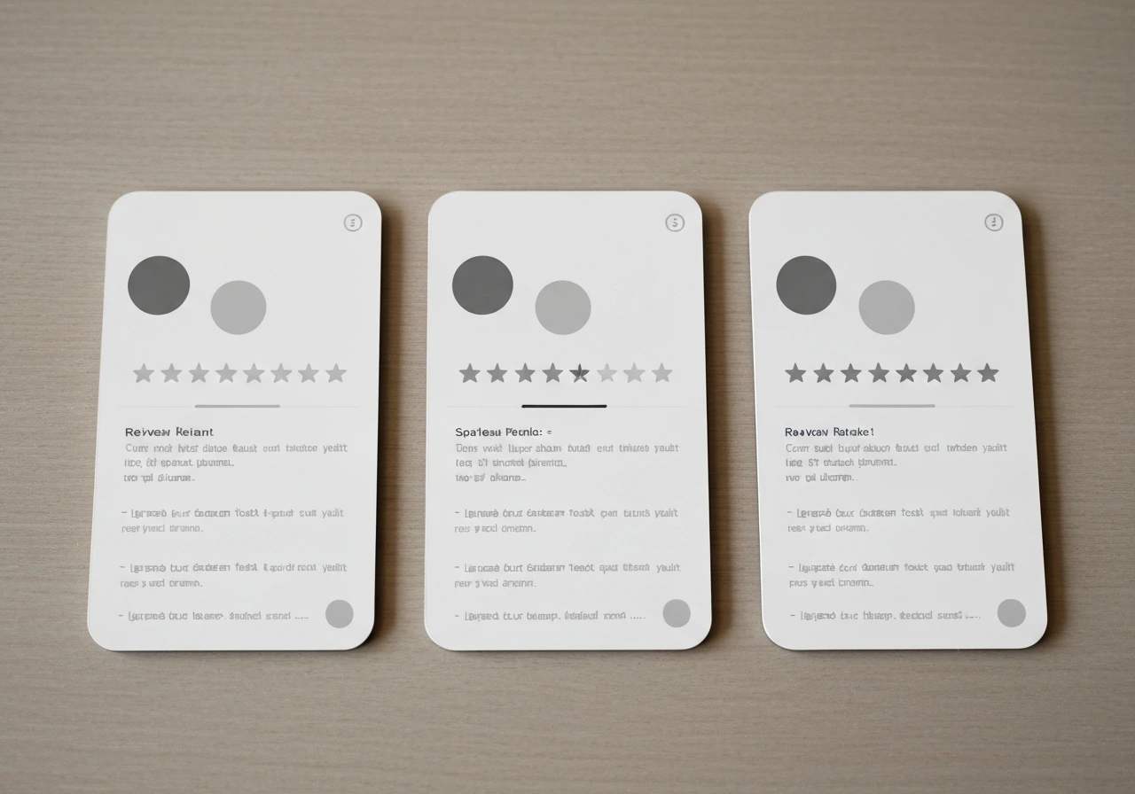 Minimal screenshot-style composite of three anonymous restaurant review-rating cards showing mixed scores.