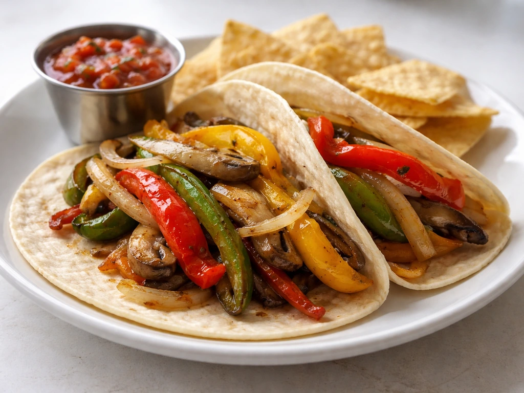 Plate of veggie fajitas with peppers and onions glistening slightly oily, with chips and salsa beside it.