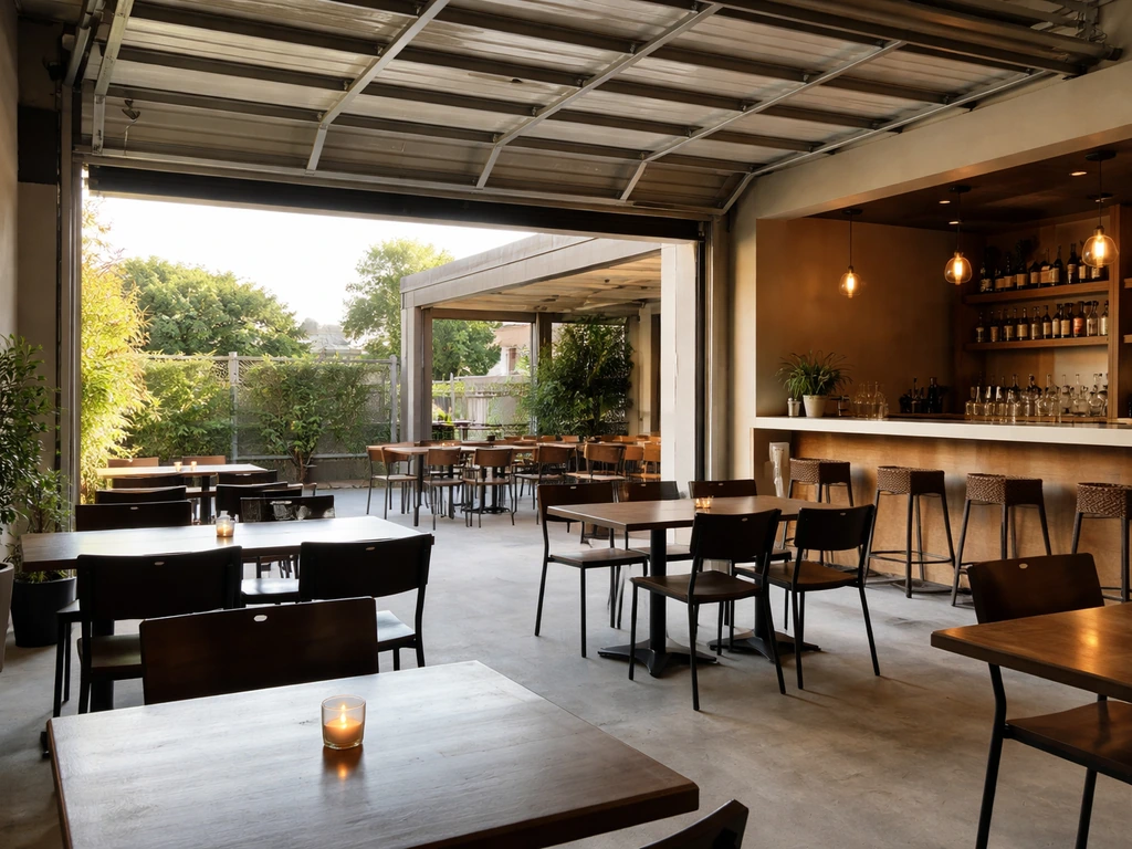 Restaurant patio with an open roll-up garage door and a bar area visible inside, empty tables in view.