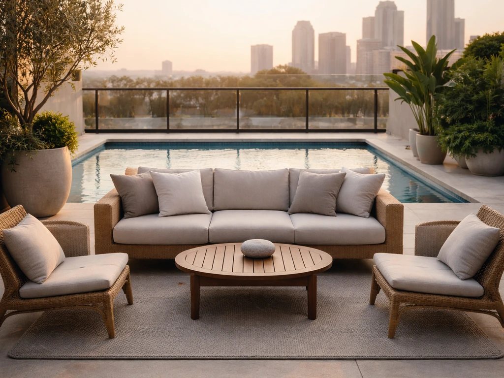 Inviting rooftop patio seating with lounge sofas facing a pool backdrop, warm evening light